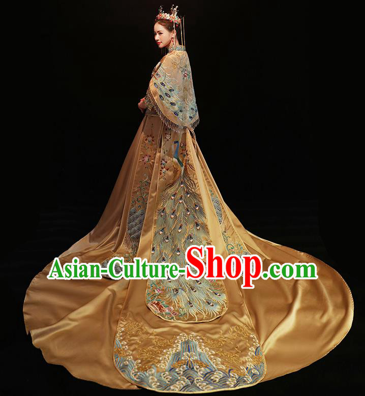 Chinese Traditional Bride Costume Golden Xiuhe Suit Ancient Wedding Embroidered Trailing Dress for Women