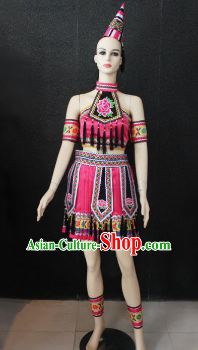 Chinese Traditional Yao Nationality Pink Dress Ethnic Folk Dance Costume for Women