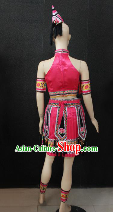 Chinese Traditional Yao Nationality Pink Dress Ethnic Folk Dance Costume for Women