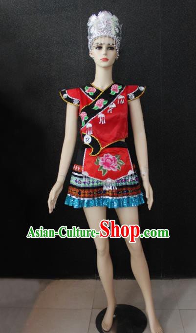 Chinese Traditional Zhuang Nationality Embroidered Red Dress Ethnic Folk Dance Costume for Women