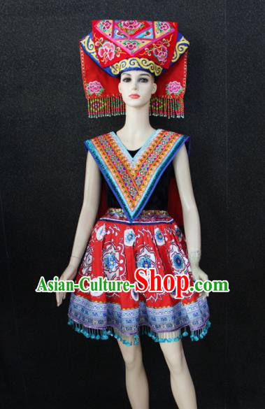 Chinese Traditional Zhuang Nationality Embroidered Red Dress Ethnic Folk Dance Costume for Women