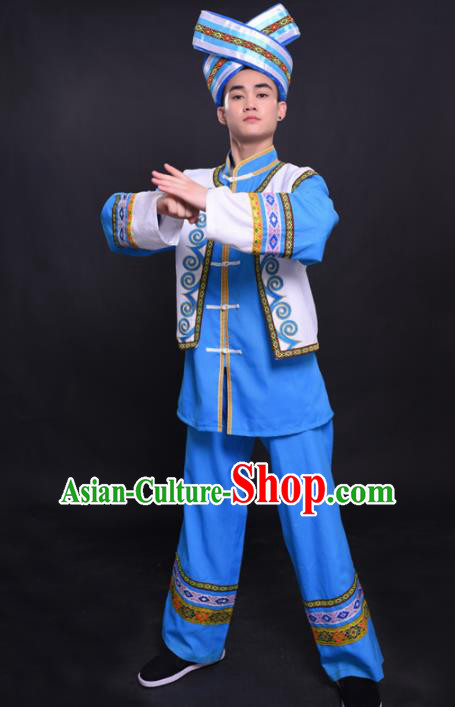 Chinese Traditional Ethnic Blue Costume Zhuang Nationality Festival Folk Dance Clothing for Men