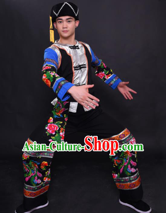 Chinese Traditional Ethnic Printing Black Costume Miao Nationality Festival Folk Dance Clothing for Men