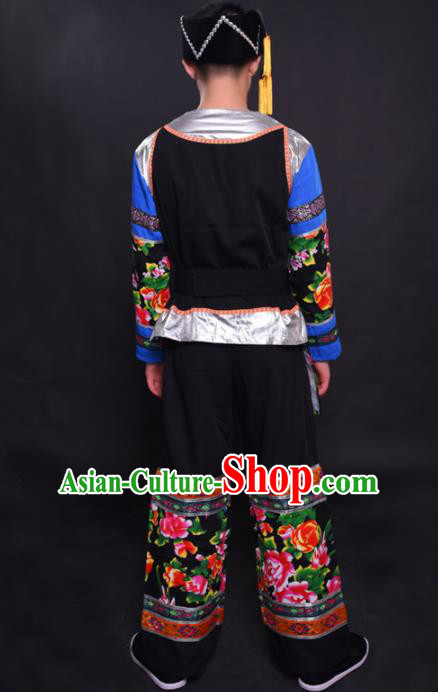 Chinese Traditional Ethnic Printing Black Costume Miao Nationality Festival Folk Dance Clothing for Men