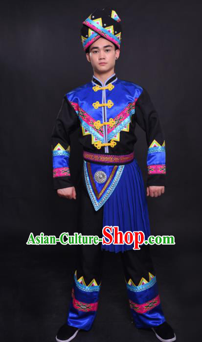 Chinese Traditional Ethnic Blue Tassel Costume Zhuang Nationality Festival Folk Dance Clothing for Men