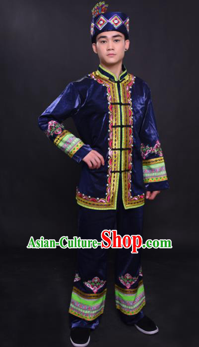 Chinese Traditional Ethnic Navy Costume Mulao Nationality Festival Folk Dance Clothing for Men