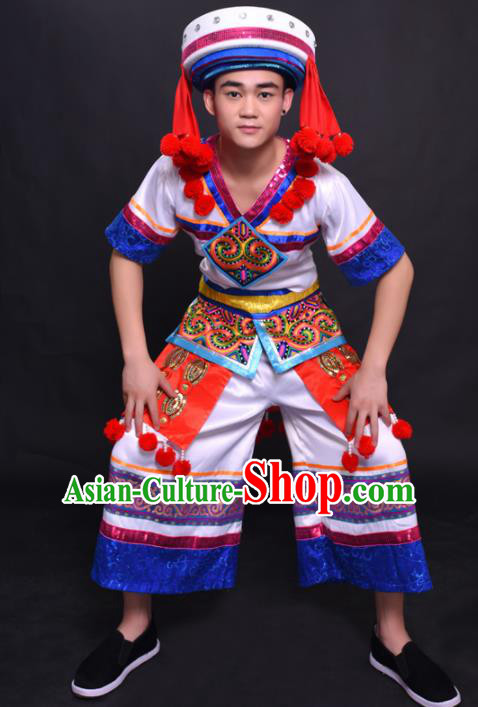 Chinese Traditional Ethnic Bridegroom White Costume Yao Nationality Festival Folk Dance Clothing for Men