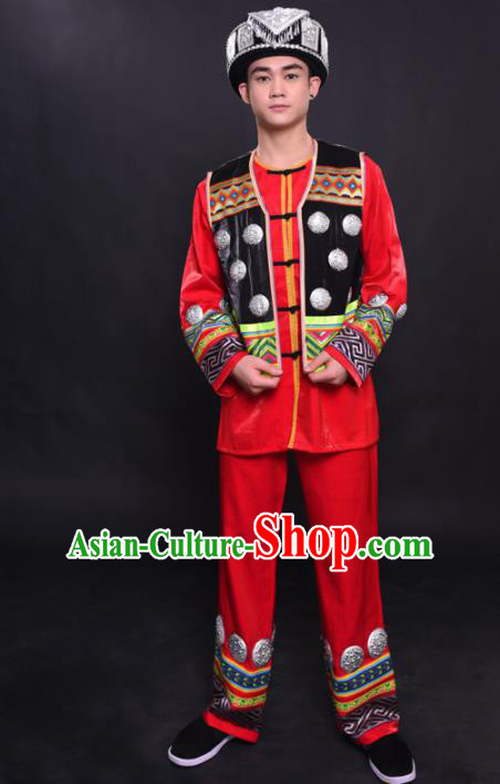 Chinese Traditional Ethnic Bridegroom Red Costume Miao Nationality Festival Folk Dance Clothing for Men