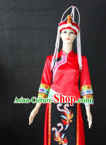 Chinese Traditional She Nationality Female Red Dress Ethnic Folk Dance Costume for Women