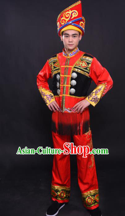 Chinese Traditional Ethnic Bridegroom Red Costume Zhuang Nationality Festival Folk Dance Clothing for Men