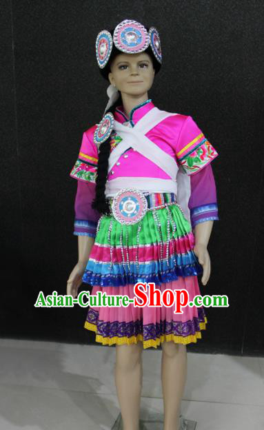 Chinese Traditional Naxi Nationality Embroidered Rosy Dress Ethnic Folk Dance Costume for Women