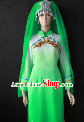 Chinese Traditional Salar Nationality Embroidered Green Dress Ethnic Bride Folk Dance Costume for Women