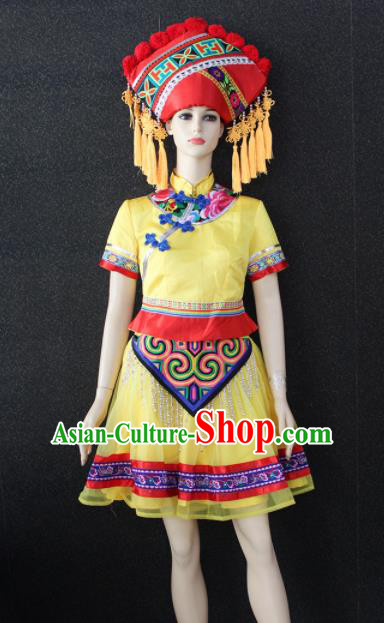 Chinese Traditional Zhuang Nationality Embroidered Yellow Dress Ethnic Folk Dance Costume for Women