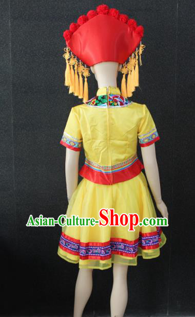 Chinese Traditional Zhuang Nationality Embroidered Yellow Dress Ethnic Folk Dance Costume for Women