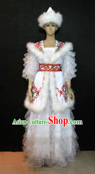 Chinese Traditional Kazak Nationality White Veil Dress Ethnic Bride Folk Dance Costume for Women