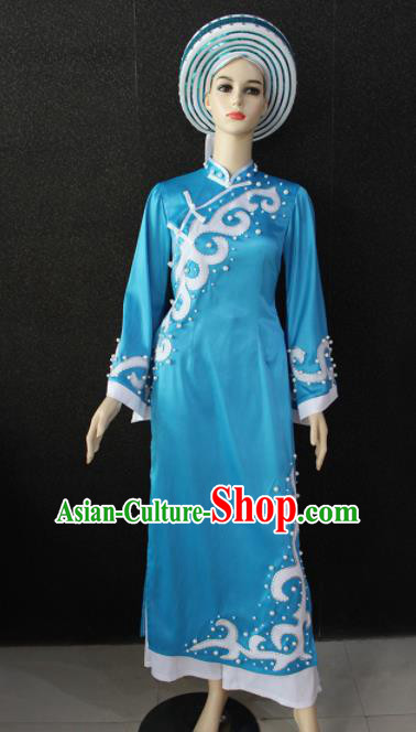 Chinese Traditional Jing Nationality Blue Dress Ethnic Folk Dance Costume for Women