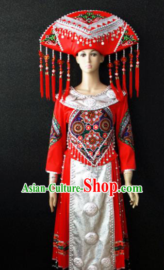 Chinese Traditional Zhuang Nationality Red Dress Ethnic Bride Folk Dance Costume for Women