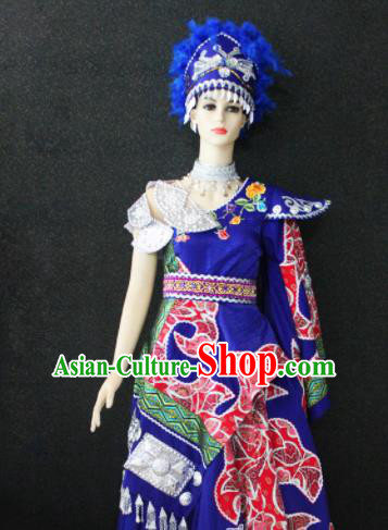 Chinese Traditional Xibe Nationality Wedding Royalblue Dress Ethnic Folk Dance Costume for Women