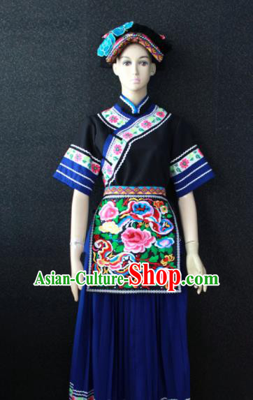 Chinese Traditional Buyei Nationality Navy Dress Ethnic Bride Folk Dance Costume for Women