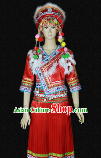 Chinese Traditional Bai Nationality Red Dress Ethnic Bride Folk Dance Costume for Women