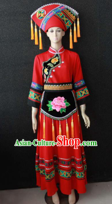 Chinese Traditional Zhuang Nationality Red Dress Ethnic Bride Folk Dance Costume for Women