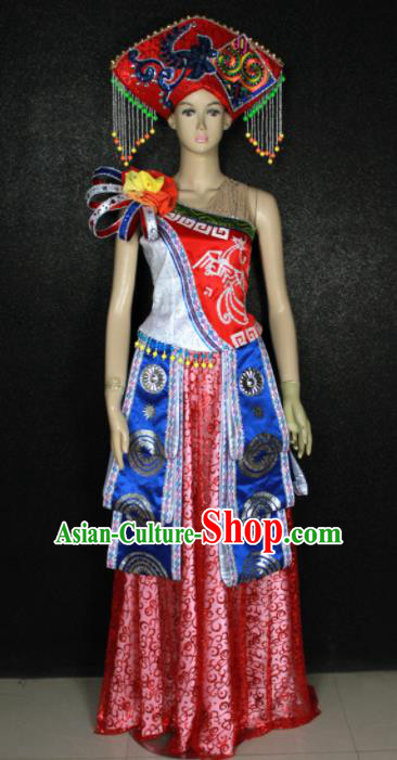 Chinese Traditional Zhuang Nationality Dress Ethnic Bride Folk Dance Costume for Women