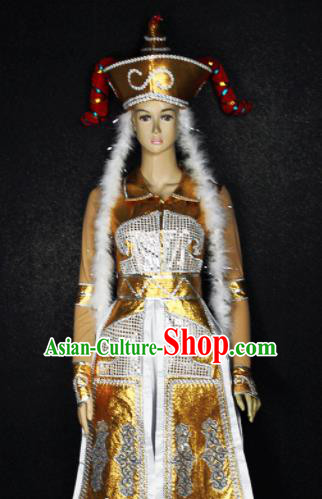 Chinese Traditional Mongols Nationality Princess Golden Dress Ethnic Bride Folk Dance Costume for Women