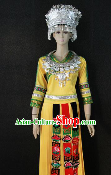 Chinese Traditional Miao Nationality Yellow Dress Ethnic Bride Folk Dance Costume for Women