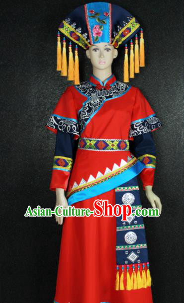 Chinese Traditional Zhuang Nationality Red Dress Ethnic Bride Folk Dance Costume for Women