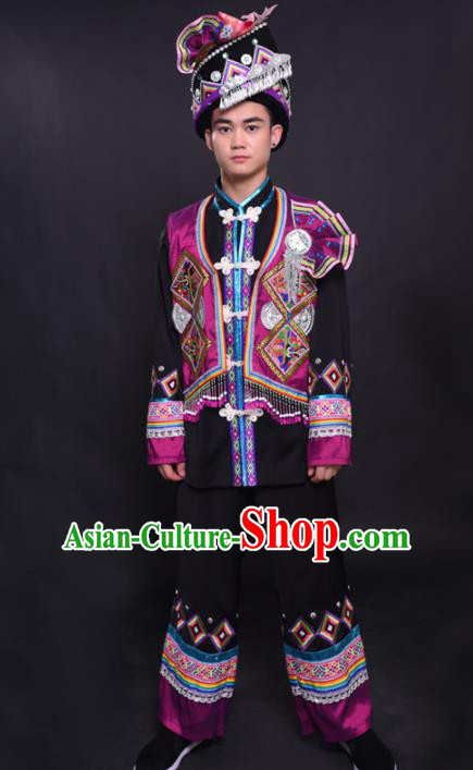 Chinese Traditional Ethnic Purple Costume Yao Nationality Festival Folk Dance Clothing for Men