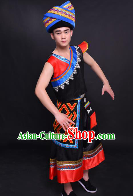 Chinese Traditional Ethnic Black Costume Zhuang Nationality Festival Folk Dance Clothing for Men