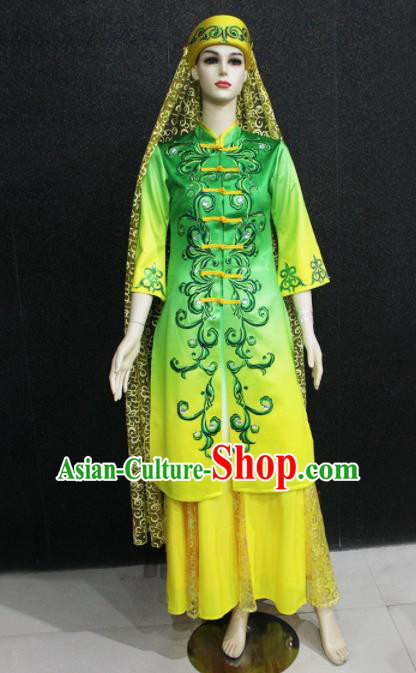 Chinese Traditional Hui Nationality Green Dress Ethnic Folk Dance Costume for Women