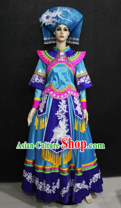 Chinese Traditional Zhuang Nationality Wedding Blue Dress Ethnic Folk Dance Costume for Women