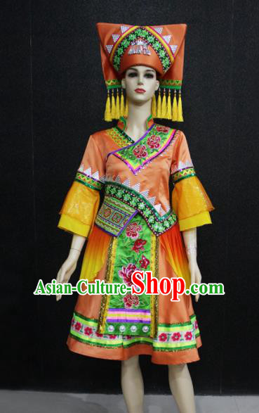 Chinese Traditional Zhuang Nationality Orange Dress Ethnic Folk Dance Costume for Women