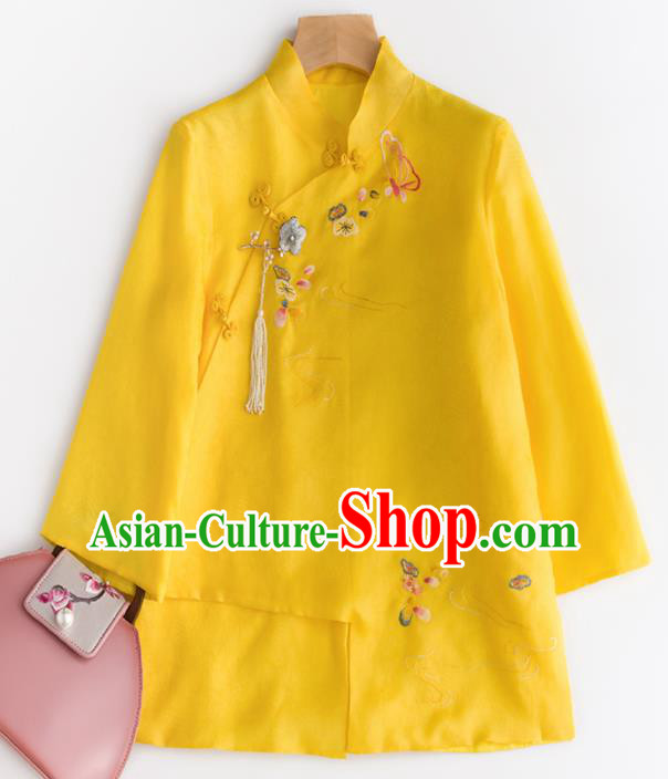 Chinese Traditional National Costume Tang Suit Cheongsam Yellow Blouse Upper Outer Garment for Women