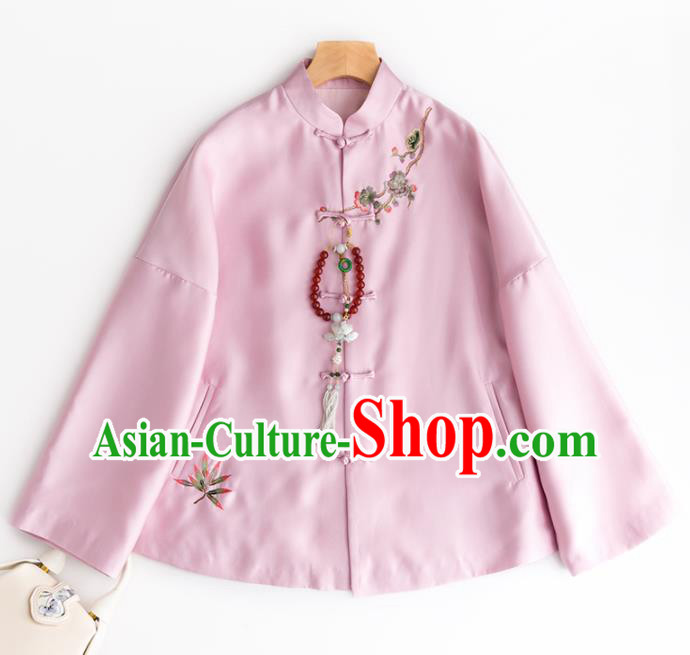 Chinese Traditional National Costume Tang Suit Embroidered Pink Blouse Upper Outer Garment for Women