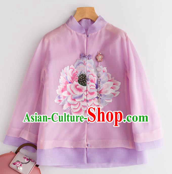 Chinese Traditional National Costume Tang Suit Embroidered Pink Organza Jacket Upper Outer Garment for Women