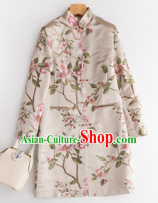 Chinese Traditional National Costume Tang Suit Embroidered Beige Coat Outer Garment for Women