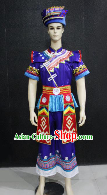 Chinese Traditional Ethnic Bridegroom Folk Dance Purple Costume Zhuang Nationality Festival Clothing for Men
