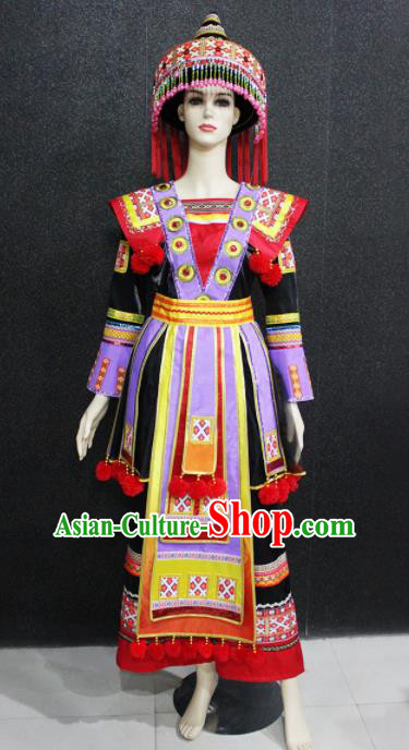 Chinese Traditional Yao Nationality Black Dress Ethnic Folk Dance Costume for Women