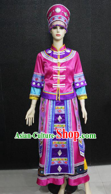 Chinese Traditional Xibe Nationality Rosy Dress Ethnic Folk Dance Costume for Women