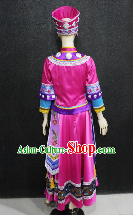 Chinese Traditional Xibe Nationality Rosy Dress Ethnic Folk Dance Costume for Women