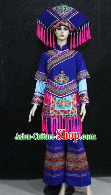 Chinese Traditional Zhuang Nationality Female Blue Clothing Ethnic Folk Dance Costume for Women