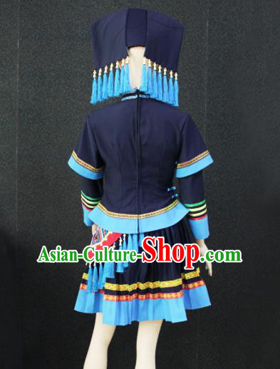 Chinese Traditional Zhuang Nationality Female Navy Dress Ethnic Folk Dance Costume for Women