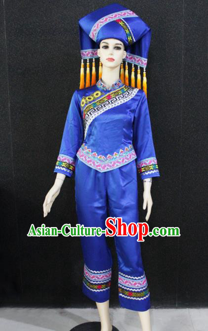 Chinese Traditional Zhuang Nationality Female Blue Clothing Ethnic Folk Dance Costume for Women