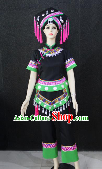 Chinese Traditional Zhuang Nationality Black Clothing Ethnic Folk Dance Costume for Women