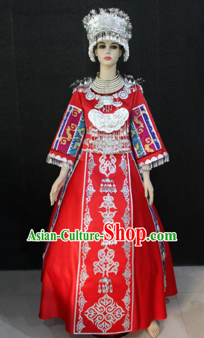 Chinese Traditional Miao Nationality Wedding Red Dress Ethnic Folk Dance Costume for Women