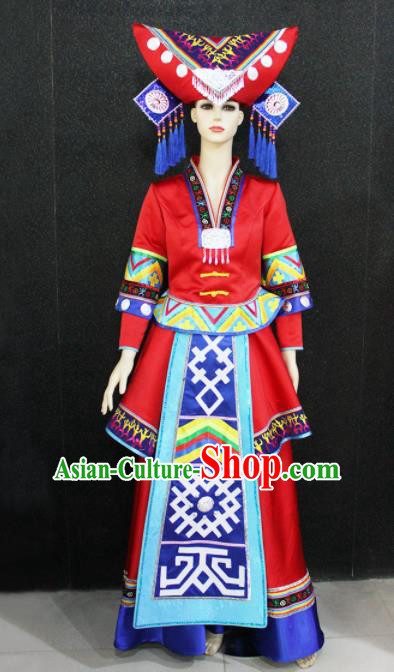 Chinese Traditional Zhuang Nationality Wedding Red Dress Ethnic Folk Dance Costume for Women