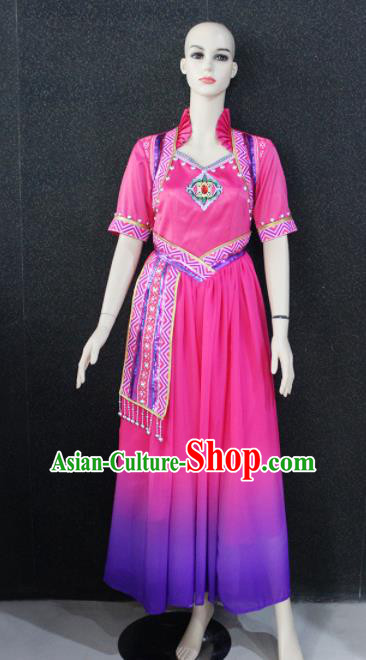 Chinese Traditional Minority Nationality Rosy Dress Ethnic Folk Dance Costume for Women