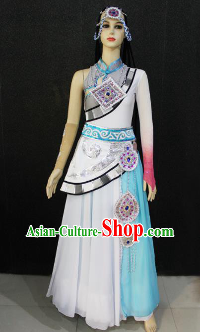 Chinese Traditional Zang Nationality White Dress Tibetan Ethnic Folk Dance Costume for Women